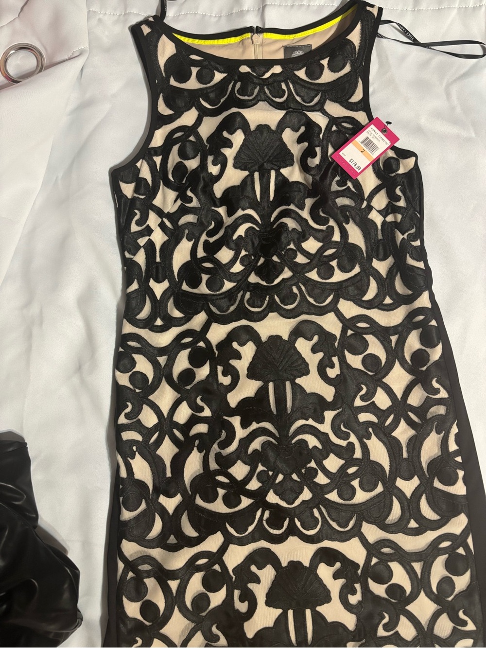 Vince Camuto Black Lace Overlay Dress with Nude Lining and Scallop Detail